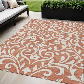 5' X 8' Salmon And Ivory Floral Washable Indoor Outdoor Area Rug