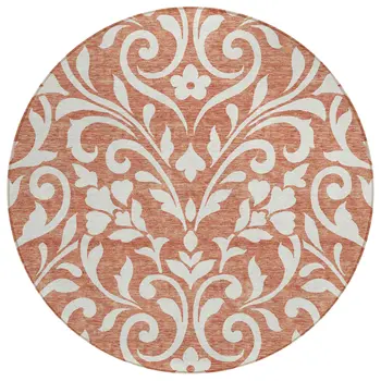 8' Salmon And Ivory Round Floral Washable Indoor Outdoor Area Rug