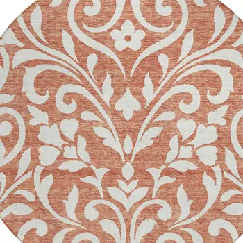 8' Salmon And Ivory Round Floral Washable Indoor Outdoor Area Rug