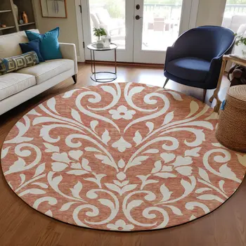 8' Salmon And Ivory Round Floral Washable Indoor Outdoor Area Rug