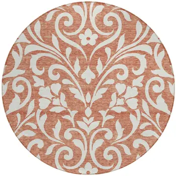 8' Salmon And Ivory Round Floral Washable Indoor Outdoor Area Rug