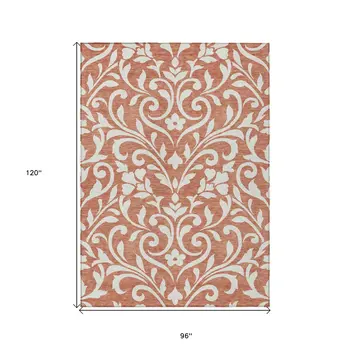 8' X 10' Salmon And Ivory Floral Washable Indoor Outdoor Area Rug