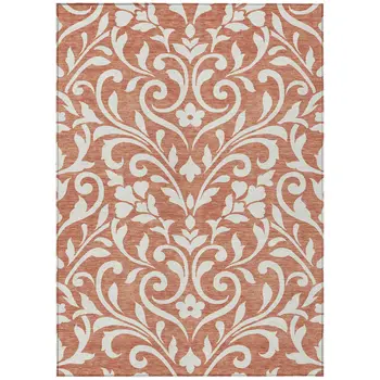 9' X 12' Salmon And Ivory Floral Washable Indoor Outdoor Area Rug