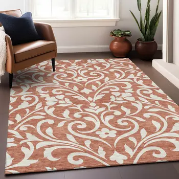 10' X 14' Salmon And Ivory Floral Washable Indoor Outdoor Area Rug