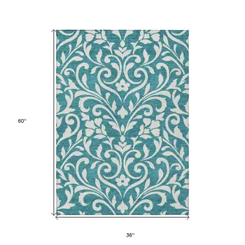 3' X 5' Teal Blue And Ivory Floral Washable Indoor Outdoor Area Rug