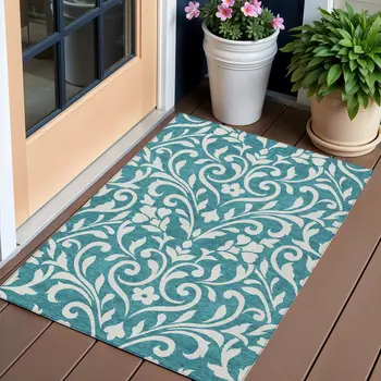 3' X 5' Teal Blue And Ivory Floral Washable Indoor Outdoor Area Rug