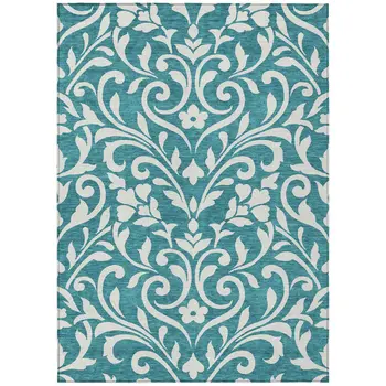 3' X 5' Teal Blue And Ivory Floral Washable Indoor Outdoor Area Rug