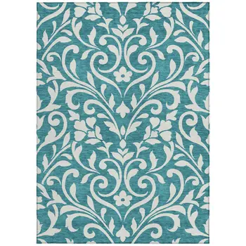 3' X 5' Teal Blue And Ivory Floral Washable Indoor Outdoor Area Rug