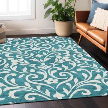 3' X 5' Teal Blue And Ivory Floral Washable Indoor Outdoor Area Rug