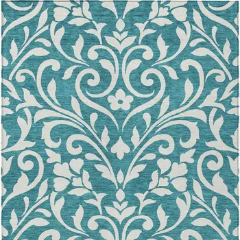 5' X 8' Teal Blue And Ivory Floral Washable Indoor Outdoor Area Rug