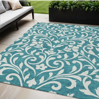 5' X 8' Teal Blue And Ivory Floral Washable Indoor Outdoor Area Rug