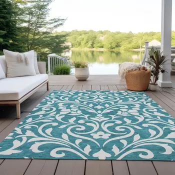 5' X 8' Teal Blue And Ivory Floral Washable Indoor Outdoor Area Rug