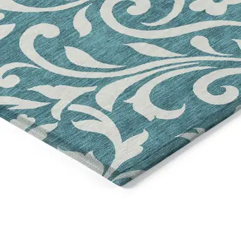 5' X 8' Teal Blue And Ivory Floral Washable Indoor Outdoor Area Rug