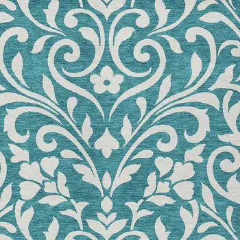 5' X 8' Teal Blue And Ivory Floral Washable Indoor Outdoor Area Rug