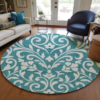 8' Teal Blue And Ivory Round Floral Washable Indoor Outdoor Area Rug