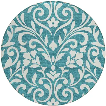 8' Teal Blue And Ivory Round Floral Washable Indoor Outdoor Area Rug