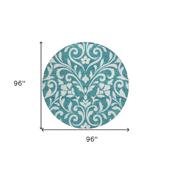 8' Teal Blue And Ivory Round Floral Washable Indoor Outdoor Area Rug