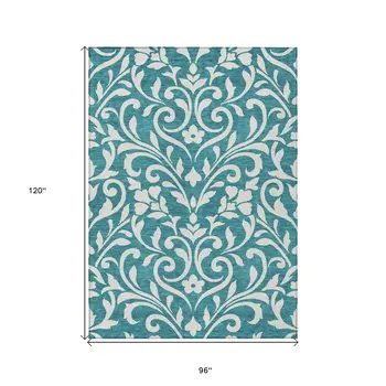 8' X 10' Teal Blue And Ivory Floral Washable Indoor Outdoor Area Rug