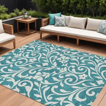 8' X 10' Teal Blue And Ivory Floral Washable Indoor Outdoor Area Rug