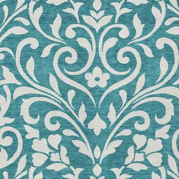 8' X 10' Teal Blue And Ivory Floral Washable Indoor Outdoor Area Rug