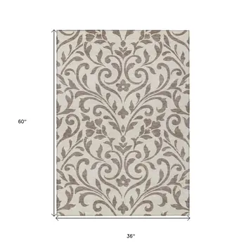 3' X 5' Taupe Floral Washable Indoor Outdoor Area Rug