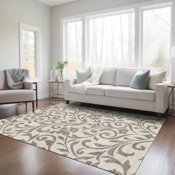3' X 5' Taupe Floral Washable Indoor Outdoor Area Rug