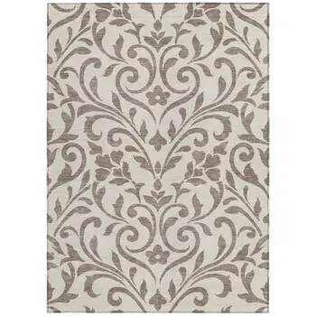 5' X 8' Taupe Floral Washable Indoor Outdoor Area Rug
