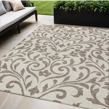 5' X 8' Taupe Floral Washable Indoor Outdoor Area Rug