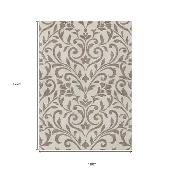 9' X 12' Taupe Floral Washable Indoor Outdoor Area Rug