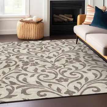 9' X 12' Taupe Floral Washable Indoor Outdoor Area Rug