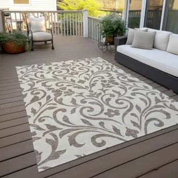 10' X 14' Taupe Floral Washable Indoor Outdoor Area Rug