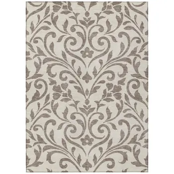 10' X 14' Taupe Floral Washable Indoor Outdoor Area Rug
