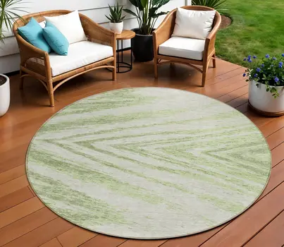 8' Artichoke Green And Gray Round Abstract Washable Indoor Outdoor Area Rug