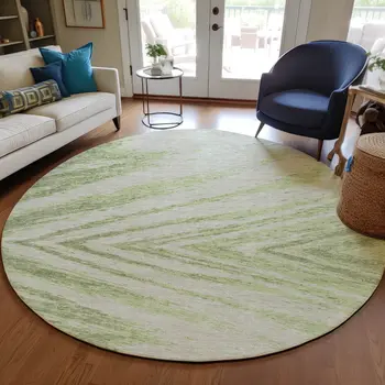 8' Artichoke Green And Gray Round Abstract Washable Indoor Outdoor Area Rug