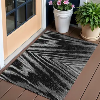3' X 5' Black And Gray Abstract Washable Indoor Outdoor Area Rug