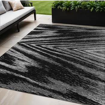 5' X 8' Black And Gray Abstract Washable Indoor Outdoor Area Rug