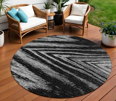 8' Black And Gray Round Abstract Washable Indoor Outdoor Area Rug