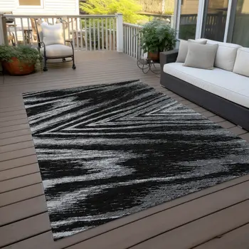 8' X 10' Black And Gray Abstract Washable Indoor Outdoor Area Rug