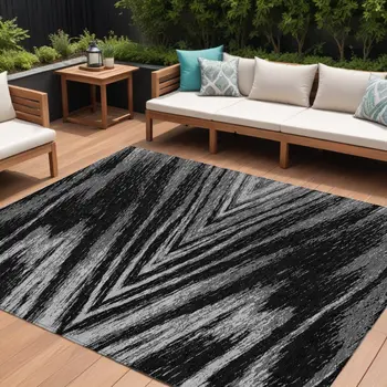 9' X 12' Black And Gray Abstract Washable Indoor Outdoor Area Rug