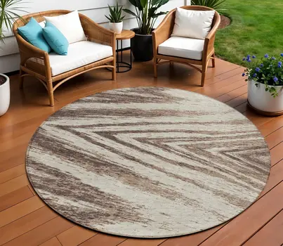 8' Brown And Beige Round Abstract Washable Indoor Outdoor Area Rug