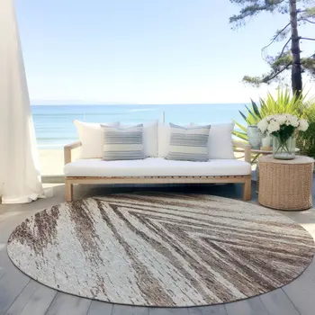8' Brown And Beige Round Abstract Washable Indoor Outdoor Area Rug