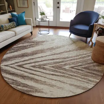 8' Brown And Beige Round Abstract Washable Indoor Outdoor Area Rug