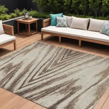 9' X 12' Brown And Beige Abstract Washable Indoor Outdoor Area Rug