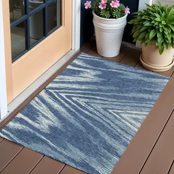 3' X 5' Blue And Ivory Abstract Washable Indoor Outdoor Area Rug