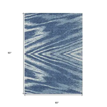 5' X 8' Blue And Ivory Abstract Washable Indoor Outdoor Area Rug