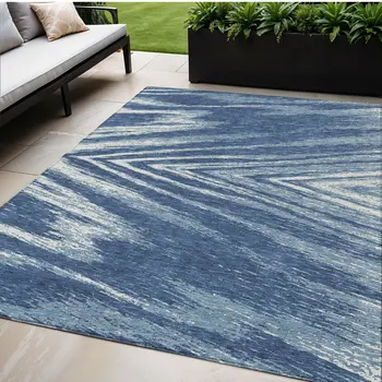 5' X 8' Blue And Ivory Abstract Washable Indoor Outdoor Area Rug