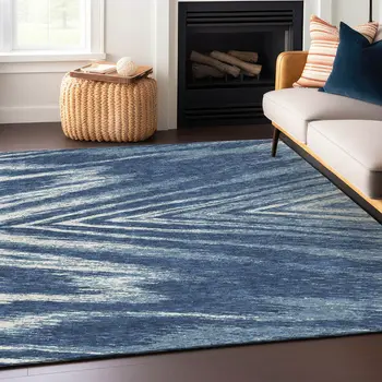 5' X 8' Blue And Ivory Abstract Washable Indoor Outdoor Area Rug
