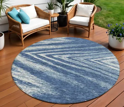 8' Blue And Ivory Round Abstract Washable Indoor Outdoor Area Rug