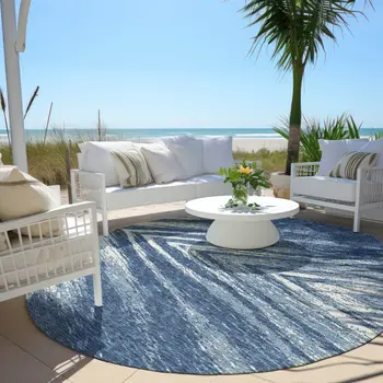 8' Blue And Ivory Round Abstract Washable Indoor Outdoor Area Rug