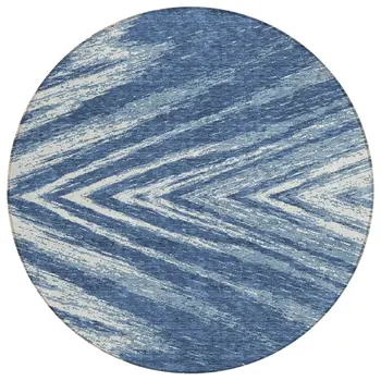 8' Blue And Ivory Round Abstract Washable Indoor Outdoor Area Rug